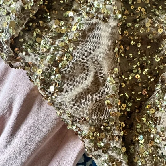 Mac Duggal Gold Sequined Long Sleeve V-Neck Gown - Picture 8 of 10